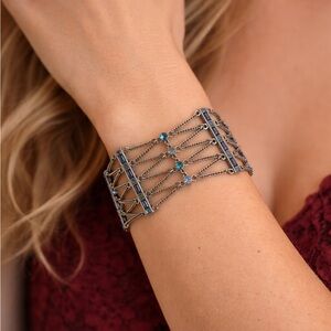 Vintage Inspired Blue Crystal Multi-Strand Bracelet | Silver Tone Statement Cuff